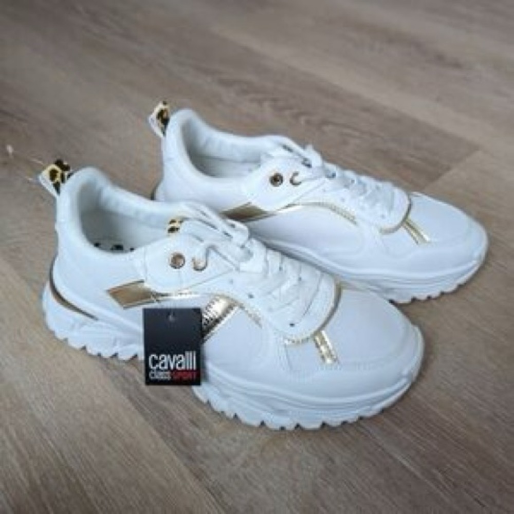 Cavalli Class White Sneakers with Gold Highlights - Picture 1 of 9